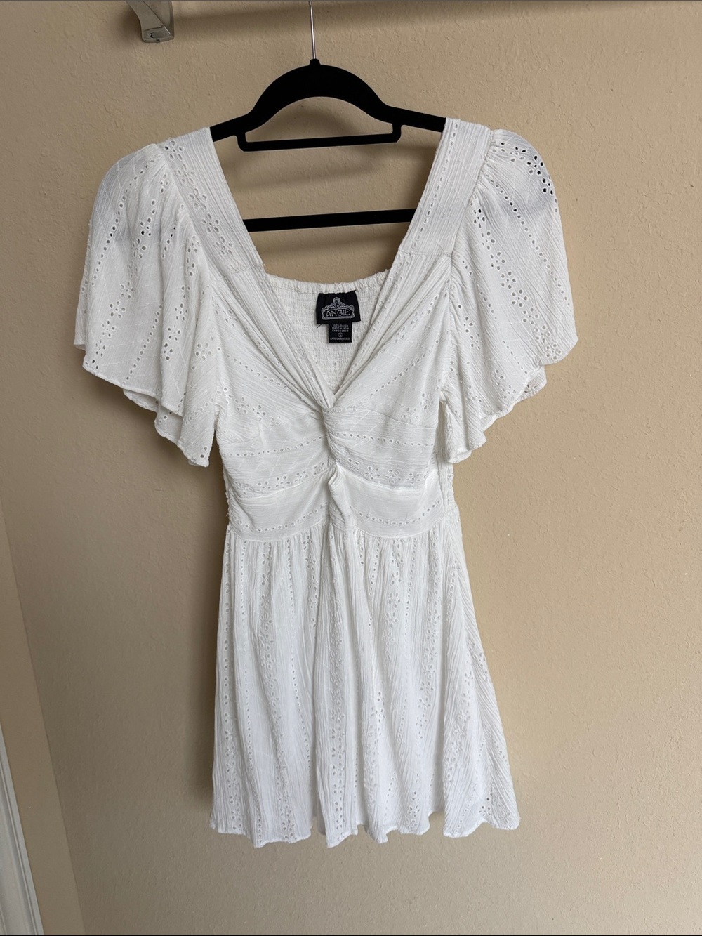 Angie  White Eyelet deep V-Neck Flutter Mini flare Dress S